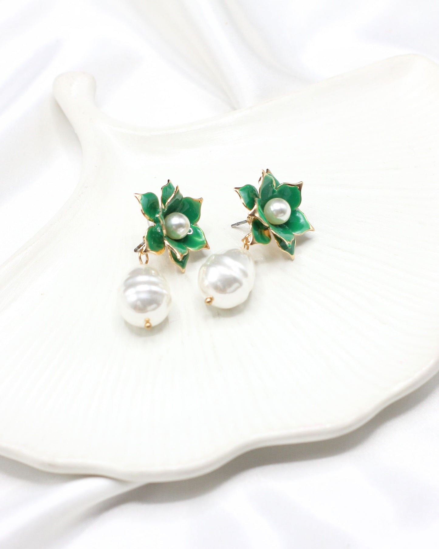 Green Floral Earrings with Pearl Drops